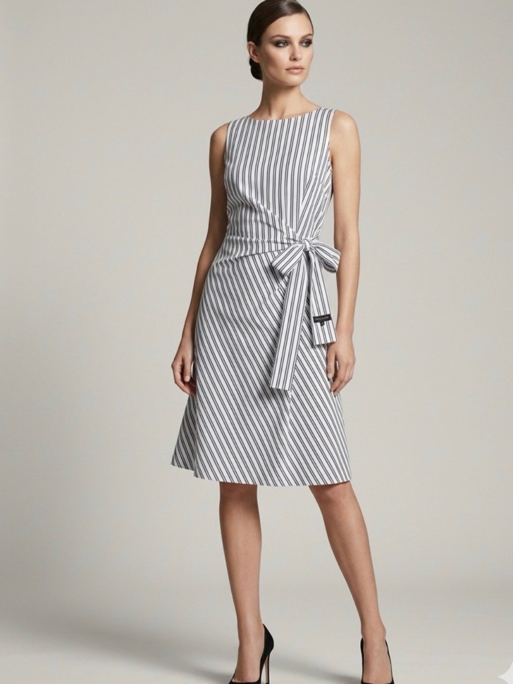 Donna Karan Black and White Striped Tie-Waist Midi Dress with Side Bow
